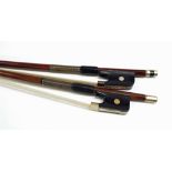 German three-quarter size violoncello bow stamped Pinnenberg, 74gm; also a nickel mounted three-