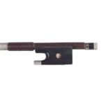 French nickel mounted violin bow of the Pageot School, the stick round, the ebony frog inlaid with
