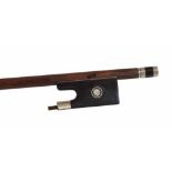 Nickel mounted violin bow stamped Bazin, the stick octagonal, the ebony frog inlaid with nickel