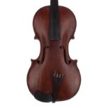 Interesting 19th century violin, unlabelled, 14 3/8", 36.50cm, within a W.E. Hill & Sons light oak