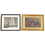 Antique black and white engraving depicting musicians and other figures in an interior, 12" x 15",