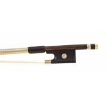 French nickel mounted violin bow of the Bazin School, unstamped, the stick round, the ebony frog