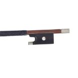 French nickel mounted violin bow stamped Caressa & Francais, the stick round, the ebony frog