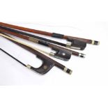 Old nickel mounted double bass bow stamped R. Paesold, 134gm; also a Dragonetti style nickel mounted