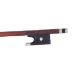 French nickel mounted violin bow, illegibly stamped, the stick round, the ebony frog inlaid with