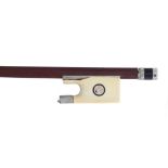 French nickel and ivory mounted violin bow, unstamped, the stick round, the ivory frog inlaid with