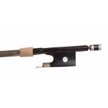 German silver mounted violin bow, unstamped, the stick round, the ebony frog inlaid with pearl