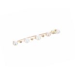 Attractive bicolour gold cultured pearl and old-cut diamond bar brooch, 5.6gm, 61mm wide