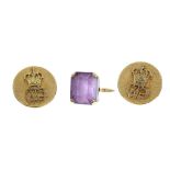 18k large amethyst single stone ring, 8.5gm, ring size N/O; also a pair of yellow metal cufflinks (