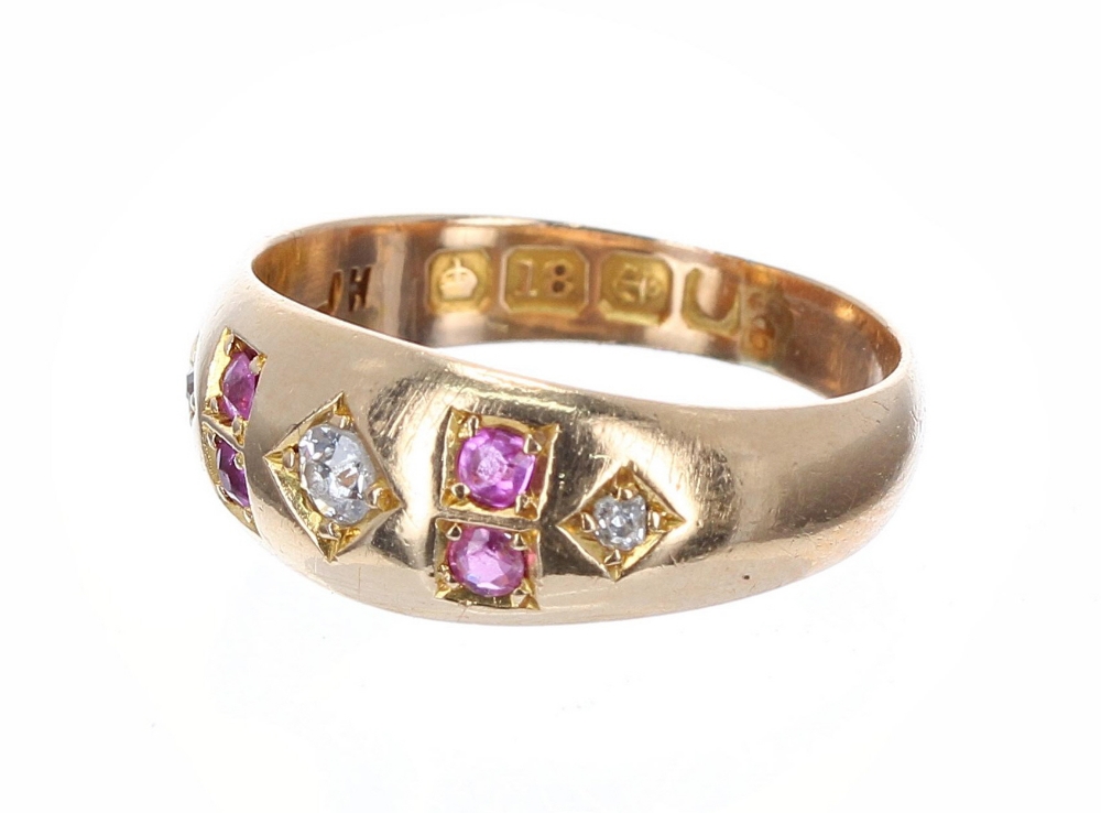 Edwardian 18ct ruby and diamond gypsy ring, 7.5mm, 4.1gm, ring size M