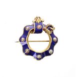 18k blue enamel diamond and pearl set brooch with buckle design, 10.2gm, 29.5mm