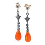 Pair of 9k white gold fire opal and diamond drop earrings, drop 28mm