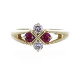 18k ruby and diamond four stone ring, 4.6gm, ring size L