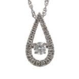 9k white gold diamond cluster set open pear shaped pendant, upon a 9ct fine link chain, pendant