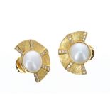 Pair of 18k Mabé pearl and diamond demi-lune earrings, the pearls 14mm, 20gm, 27mm wide