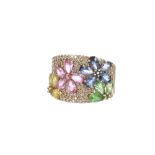 14k multi-coloured floral set sapphire ring, band width 16mm, 7.8gm, ring size N/O