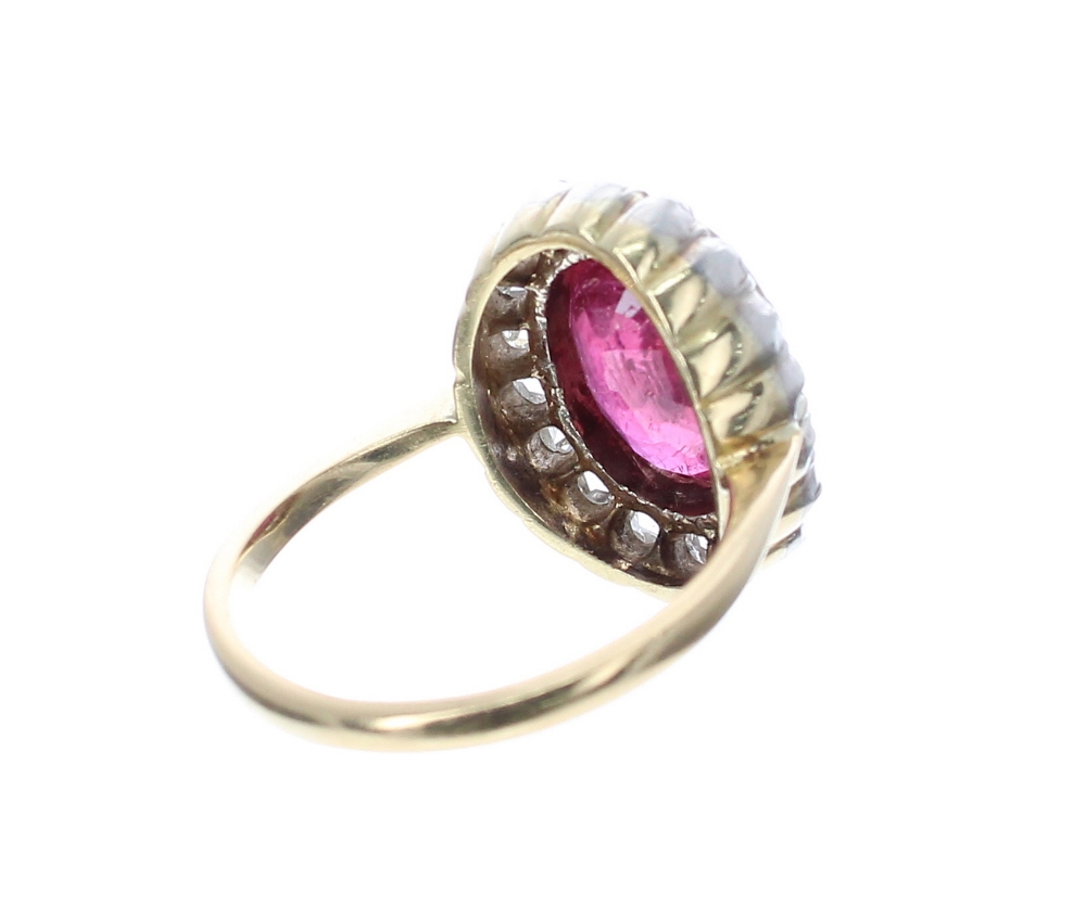 18k ruby and mine-cut diamond oval cluster ring, the ruby 4ct approx, cluster 17mm x 14mm, 5gm, ring - Image 3 of 3