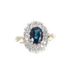 18ct sapphire and diamond cluster ring, cluster 16mm x 12mm, 7.2gm, ring size I