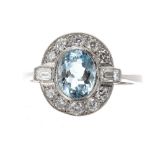 Platinum aquamarine and diamond oval cluster ring, the aquamarine 1.10ct approx, in a surround of