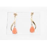 Pair of 14k coral and diamond set drop earrings, 3gm, drop 33mm approx, box (Maui Divers of Hawaii)