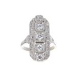 Art Deco five stone diamond white metal plaque ring, round old-cuts, estimated 0.72ct approx, 26mm x