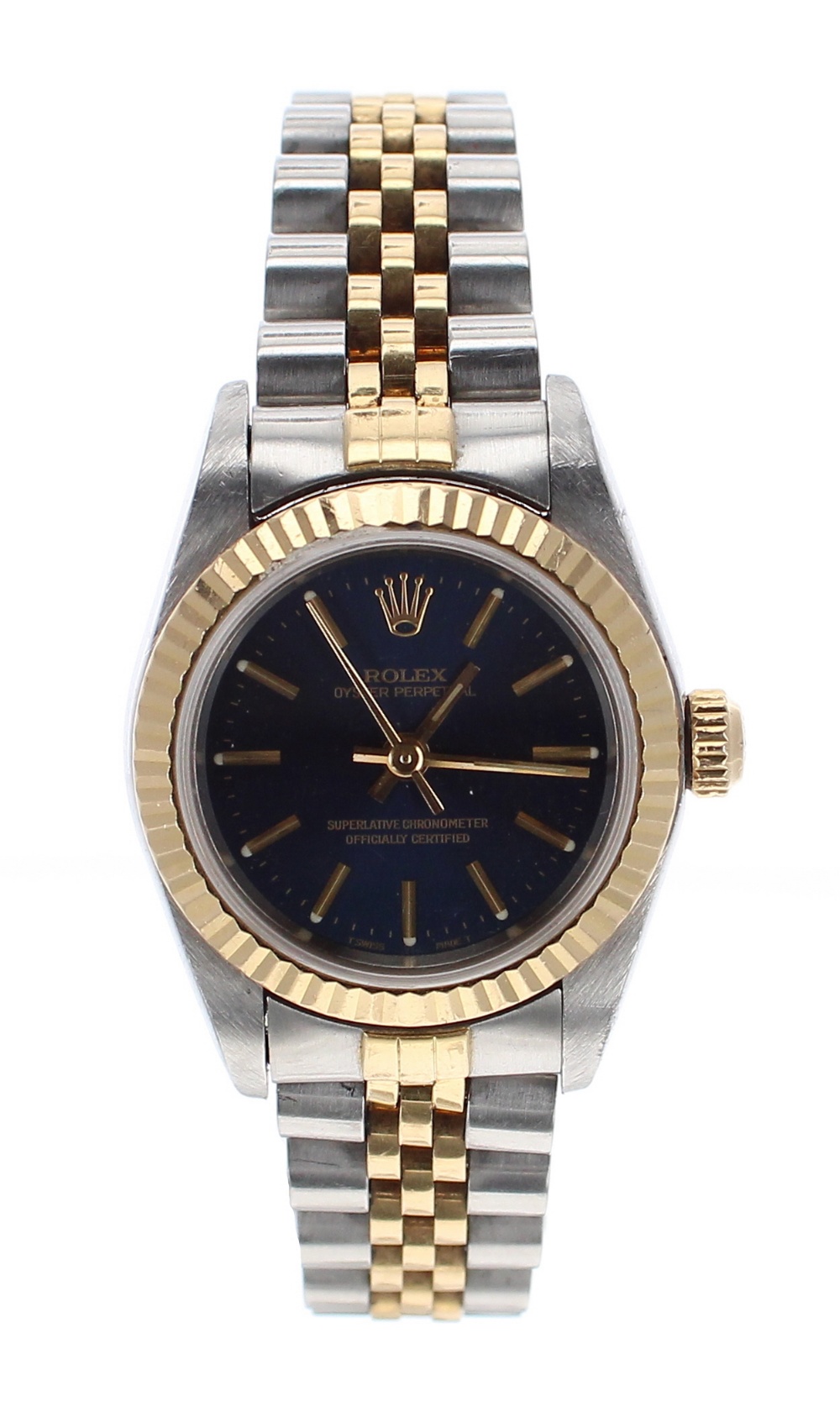 Rolex Oyster Perpetual stainless steel and gold lady's bracelet watch, circular blue dial with baton