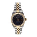 Rolex Oyster Perpetual stainless steel and gold lady's bracelet watch, circular blue dial with baton