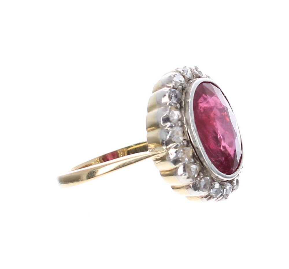 18k ruby and mine-cut diamond oval cluster ring, the ruby 4ct approx, cluster 17mm x 14mm, 5gm, ring - Image 2 of 3