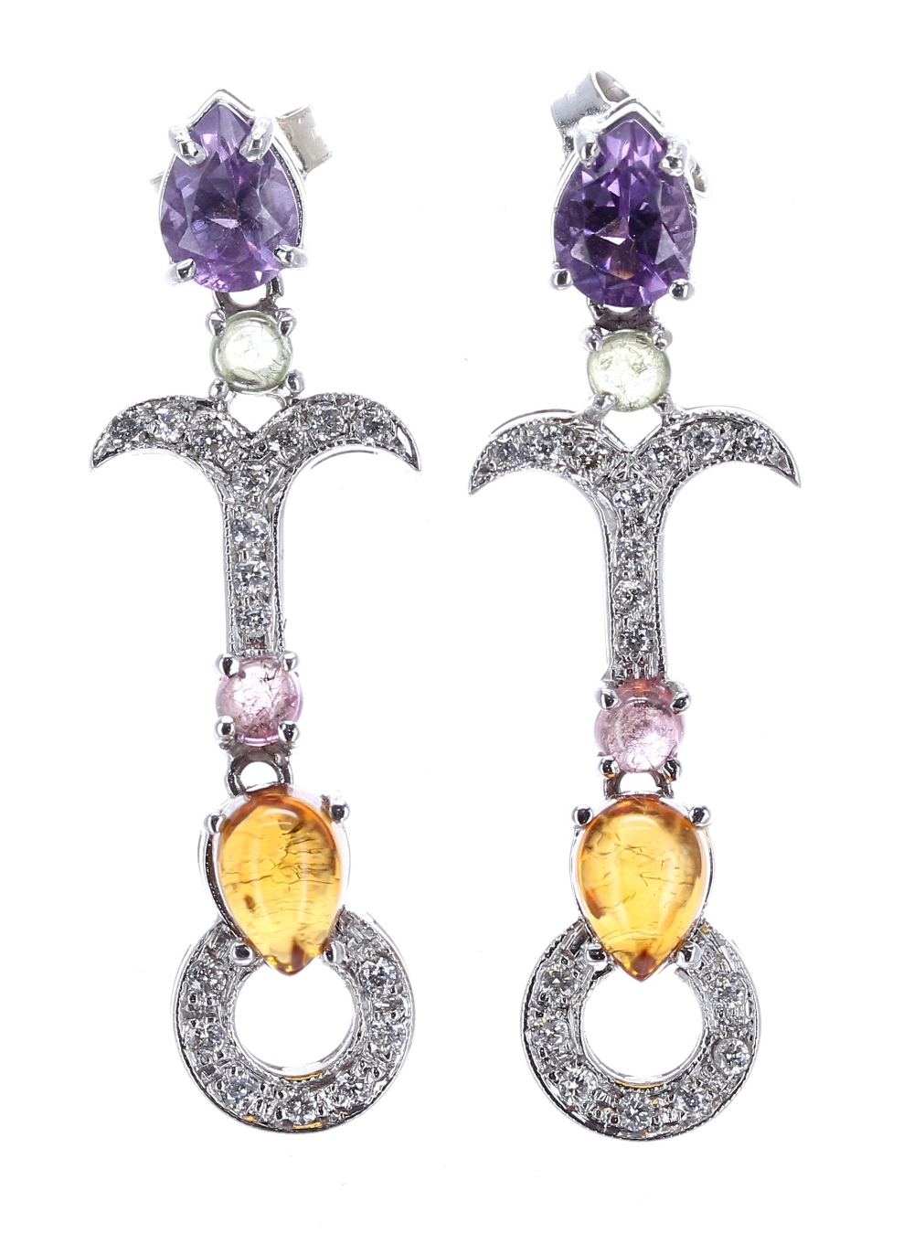 Attractive pair of diamond, amethyst and cabouchon drop earrings, 9kt, 6gm, drop 40mm