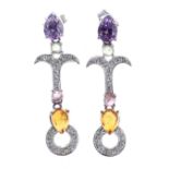 Attractive pair of diamond, amethyst and cabouchon drop earrings, 9kt, 6gm, drop 40mm