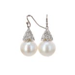 Good pair of cultured pearl and diamond 18k white gold drop earrings, 10gm, pearls 13mm diameter