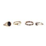 14ct single pearl set ring and three various stone set 9ct rings, 7.6gm (4)