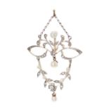 Attractive 18k and platinum pearl and diamond openwork floral pendant, 6.7gm, 54mm