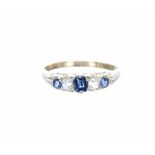 Sapphire and diamond 18k five stone ring in a carved setting, 5mm, 2.6gm, ring size L/M