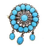 Attractive Victorian diamond and turquoise circular flower brooch in a yellow metal surround, 10.