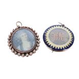 Gold and enamel cased double mourning circular pendant, monogrammed to both sides and inscribed 'W.