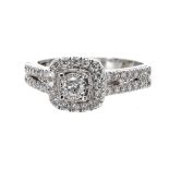 Fancy 9k white gold diamond dress square cluster ring with open set shoulders, 0.50ct, 9mm, 4gm,