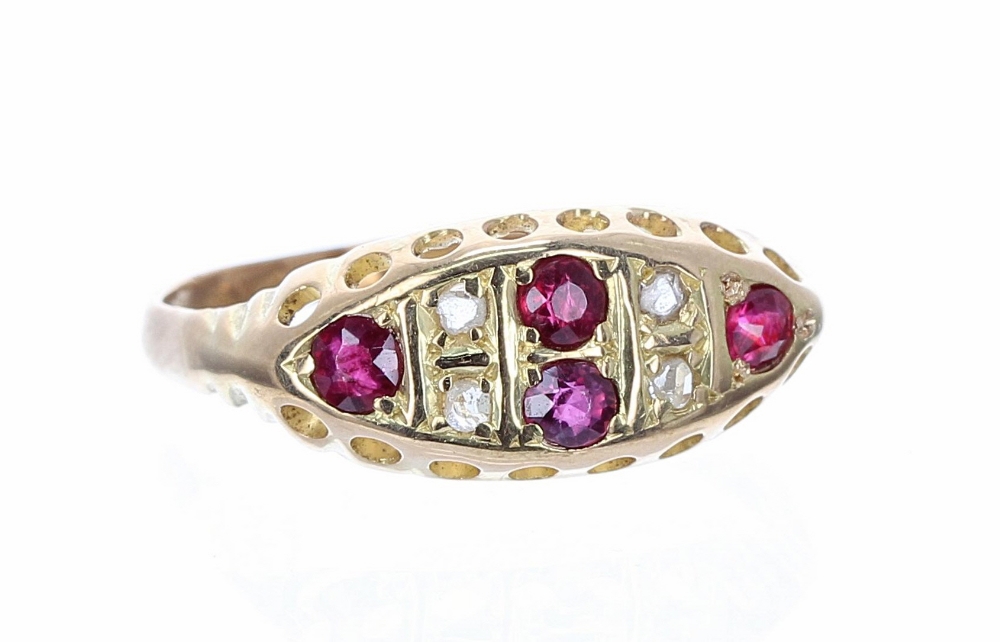 Late Victorian 22ct ruby and diamond boat shaped ring, London 1893, 7.5mm, 2.2gm, ring size O