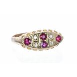 Late Victorian 22ct ruby and diamond boat shaped ring, London 1893, 7.5mm, 2.2gm, ring size O