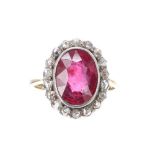 18k ruby and mine-cut diamond oval cluster ring, the ruby 4ct approx, cluster 17mm x 14mm, 5gm, ring