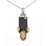 Art Deco style 18k bicolour black onyx and diamond pendant on a slender necklet, the pendant 52mm,