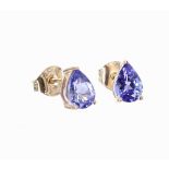 Pair of 9k set tanzanite pear shaped ear studs, 1.00ct approx in total, 8mm