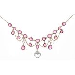 Attractive 9k Victorian style necklace set with twenty pink garnets and a white topaz, upon a fine