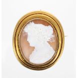 Victorian oval portrait cameo brooch, carved with a head and shoulders profile of a young