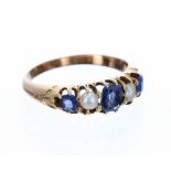 18k sapphire and cultured pearl five stone claw set ring, 2.6gm, ring size G/H