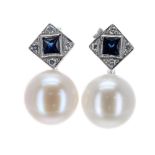 Pair of diamond and sapphire set single pearl stud earrings, the pearls 9.5mm, 4.5gm, 18mm