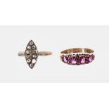 Marquise shape diamond cluster ring, ring size G-; also a 15ct four stone garnet ring (2)