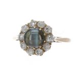 Yellow gold cristobeyl cats eye and old-cut diamond cluster ring, cluster 12mm diameter, 3.6gm, ring