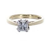 18ct yellow gold solitaire ring, with white gold claw setting to a princess cut diamond, marked in