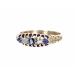 18ct sapphire and diamond five stone claw set ring, Chester 1911, 2.9gm, ring size J